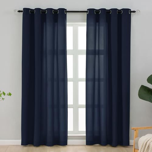 L.Z.E Privacy Curtains 96 Inches Long 2 Panels Set, Navy Blue Light Filtering Curtains for Living Room Bedroom Doorway Divider, Dark Blue Non-See-Through Semi Sheer Window Panels Grommet Top