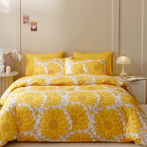 CLOTHKNOW Yellow White Floral Queen Comforter Set 3Pcs Sunflower Bedding Comforter Sets Botanical Soft All Season Bedding