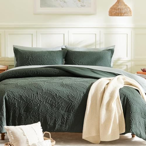 Full Size Comforter Sets- 7 Pieces Dark Green Bed in a Bag Full Bedding Set - All Season Soft Botanical Textured Comforter Bed set with Sheets, Pillowcases & Shams