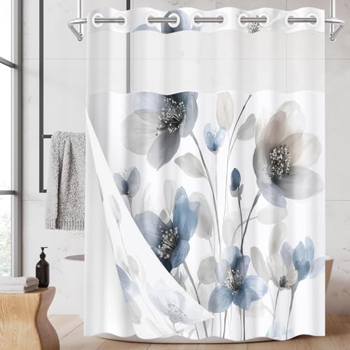 Nesphy No Hook Blue Grey Floral Shower Curtain with Snap in Fabric Liner Set, Boho Watercolor Flower Double Layers Waterproof Fabric with See Through Top Window Bath Curtain 71x74 Inch