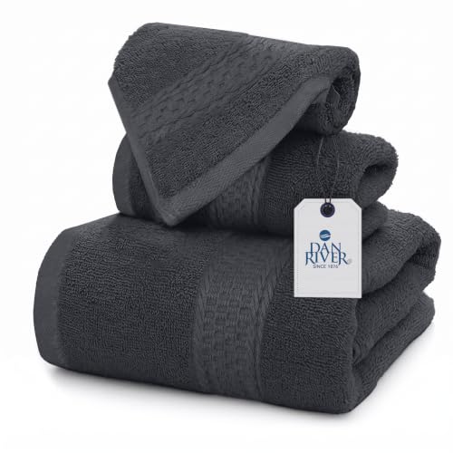 DAN RIVER 100% Ring Spun Cotton 3-Piece Towel Set, Charcoal, Bath Towel, Hand Towel and Washcloths, 550 GSM - Soft, Absorbent Quick Dry Cotton Towels for Bathroom, Spa, and Gym