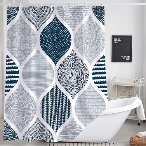 JAWO Blue and Grey Shower Curtain for Bathroom Light Blue White Dark Grey Navy Blue Bohemian Elegant Geometric Pattern Fabric Shower Curtain Set Modern Decor Accessories
