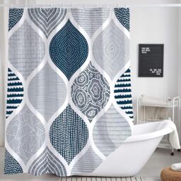 JAWO Blue and Grey Shower Curtain for Bathroom Light Blue White Dark Grey Navy Blue Bohemian Elegant Geometric Pattern Fabric Shower Curtain Set Modern Decor Accessories
