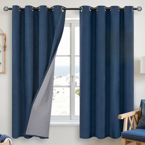 YoungsTex Linen Blackout Curtains for Bedroom, Full Light Blocking Burlap Textured Drapes for Living Room Farmhouse Thermal Insulated Blinds with Grommet, Navy, 2 Panels, 52 X 63 Inch
