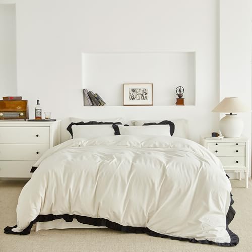 SUSYBAO Ruffle Duvet Cover Queen 100% Washed Cotton Black Ruffled Duvet Cover 3 Pieces Set 1 Cute Black White Lace Duvet Cover with Zipper Ties 2 Pillow Shams Soft Farmhouse Princess Bedding Set