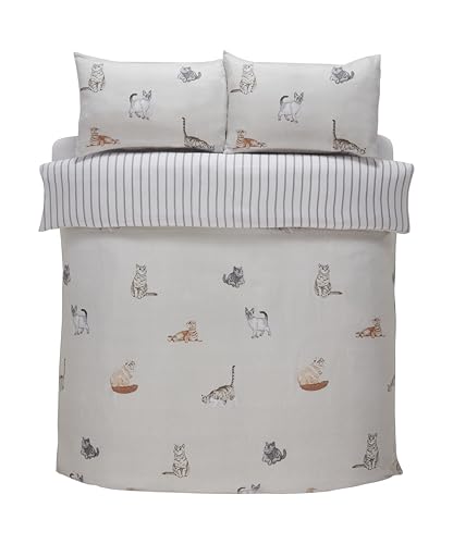 Rapport Home Cats Bedding Set - Purrfect Microfibre 180TC Reversible Duvet Cover for Cat Lovers - Ultra Soft & Cozy Double Size Sleep Experience - Grey