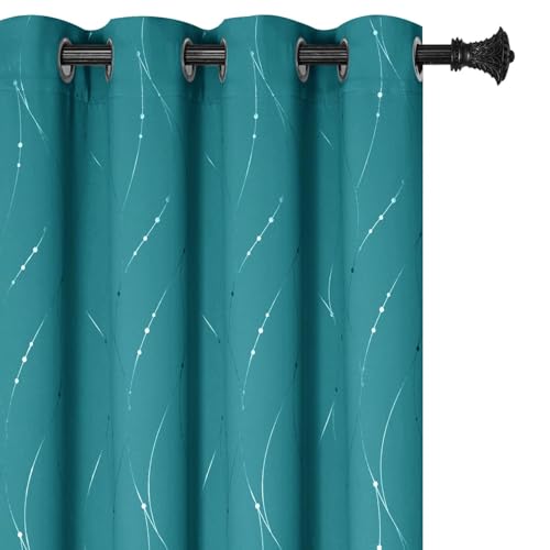BUHUA Blackout Curtains Silver Foil Print Wave Line and Dots Grommet Drapes, Room Darkening Thermal Insulated Curtains, Noise Reducing Curtain for Bedroom, Teal Blue, 52Wx63L, 2 Panels