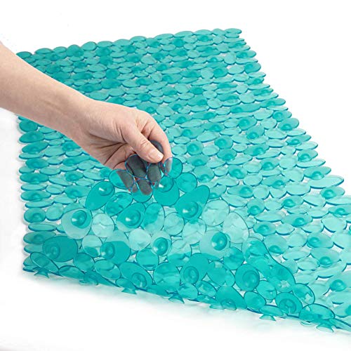 WELTRXE Non Slip Bath Mat Pebbles Bathtub Mat with Suction Cups, Drain Holes for Bathroom Showers, Tub, 35 x 16 Inches Machine Washable Bathroom Mats BPA, Latex Free Safe Shower Mats - Teal