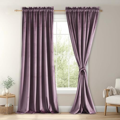 JIUZHEN Lavender Velvet Curtains 96 inch Length Thermal Insulated & Noise Reducing Rod Pocket Blackout Curtains for Living Room, 52W x 96L, 2 Panels with Tiebacks