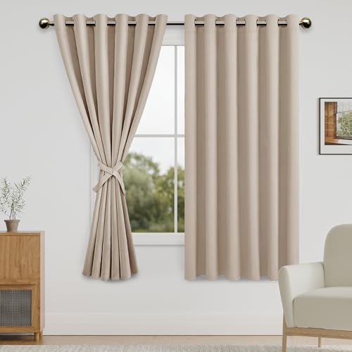 DWCN Blackout Curtains for Bedroom with Tiebacks - Room Darkening Privacy Grommet Top Window Curtains for Living Room, 70 x 63 inch Length, Beige, Set of 2 Panels