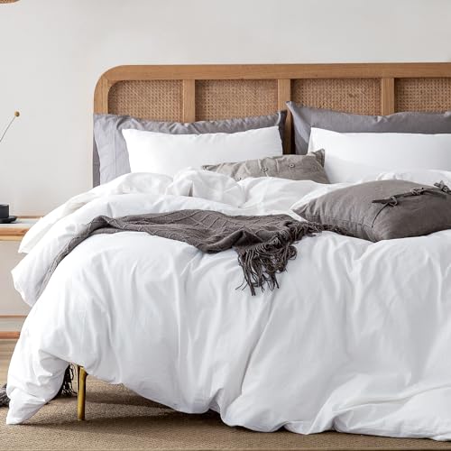 ATsense Duvet Cover Full Size, 100% Washed Cotton Linen Feel Super Soft Comfortable, 3-Piece White Duvet Cover Bedding Set, Durable and Easy Care, Simple Style Farmhouse Comforter Cover