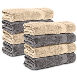 Komfortec Set of 8 Hand Towels 50 x 100 cm 100% Cotton Terry Towelling Soft Anthracite Grey/Beige