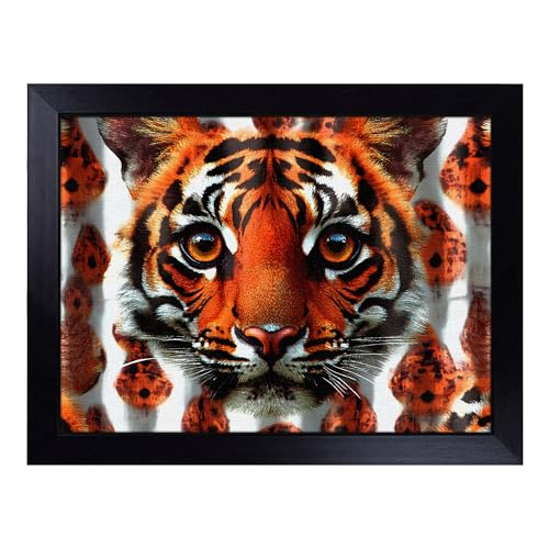 Lap Tray with Bean Bag Cushion, Tiger - Handmade in the UK, Raised Wooden Edge, Padded Cushion, Heat-Resistant Wipe-Clean Surface, for Meals, Laptops and Crafts