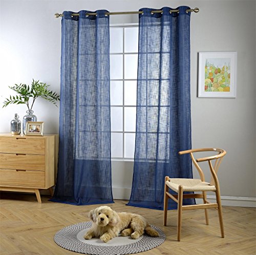 "MIUCO Semi Sheer Curtains Poly Linen Textured Solid Grommet Curtains 95 Inches Long for Living Room 2 Panels (2 x 37 Wide x 95"" Long) Navy Blue"