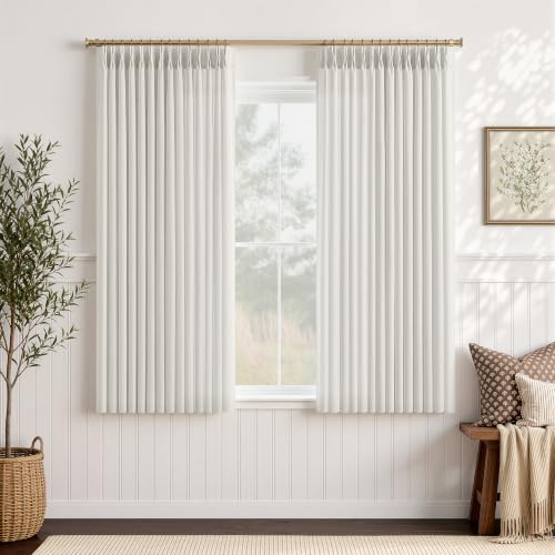 Pinch Pleated Natural Linen Curtains 63 Inches Long 2 Panels Set of Ktichen Window, Semi Sheer Light Filtering Privacy Beige Farmhouse Short Drapes with Back Tab Hooks Rings 40x63 Inch Cafe Curtain