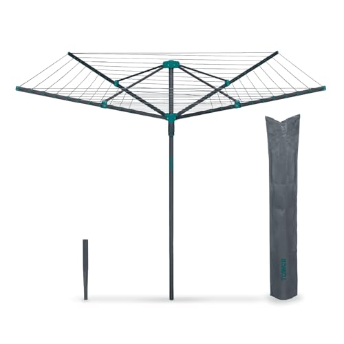 Tower 40m 4-Arm Rotary Airer Washing Line with Cover & Ground Spike, Weather-Resistant, Foldable Steel Frame, Space-Saving Outdoor Clothes Dryer, Anthracite & Teal, T873031TL