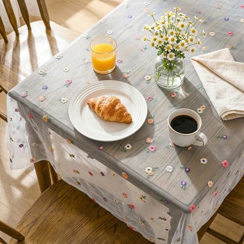 Horaldaily White Embroidery Floral Tablecloth, 60??60 Inch Square - Spring Summer Gauze Tablecloth, Seasonal Tulle Table Cover, Garden Party Decor, Resuable,Washable