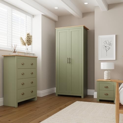GFW Lancaster 3 Piece Bedroom Set Sage Geen Bedside Cabinet Chest Of Drawers Wardrobe