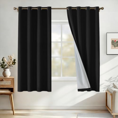 CYCMACO Linen 100% Blackout Curtains for Bedroom, Blackout Curtains 63 Inch Length, Room Darkening Curtains for Living Room, Long Curtain Grommets Drapes, Thermal Curtains(2 Panels, Black)