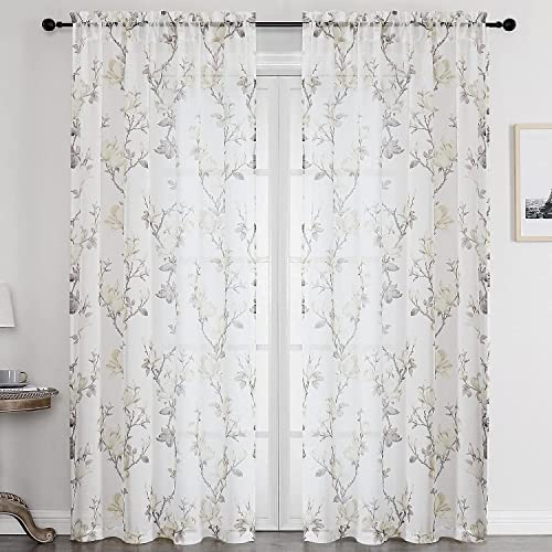 SMILE WEAVER White Floral Semi Sheer Curtains 72 Inch Rod Pocket 2 Panels - Stylish Floral Design,Linen Textured - Light Filtering - 72 Inches Length - Living Room Bedroom Kitchen
