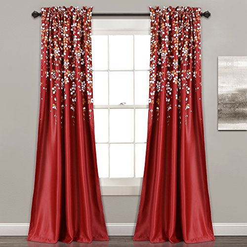 "Lush Decor Weeping Flowers Darkening Window Curtains Panel Set for Living, Dining Room, Bedroom (Pair), 52"" W x 84"" L, Red"