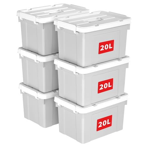Cetomo 20L*6 Storage Boxes, Carry Plastic Storage Box with Lids, Organizing Container with Handle and Secure Latching Buckles, Stackable, Nestable, Tote Bin for Home Office Clothes, 20L-6Pack, Gray
