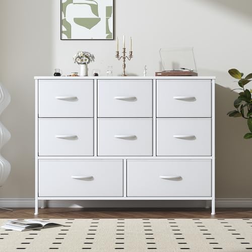 Feonase Chest of Drawers,Bedroom Dresser with 8 Fabric Drawers, Metal Frame & MDF Wood Top, Adjustable Feet, Storage Organizer Unit for Bedroom, Closet, Living Room, Office Hallway, White