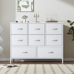 Feonase Chest of Drawers,Bedroom Dresser with 8 Fabric Drawers, Metal Frame & MDF Wood Top, Adjustable Feet, Storage Organizer Unit for Bedroom, Closet, Living Room, Office Hallway, White