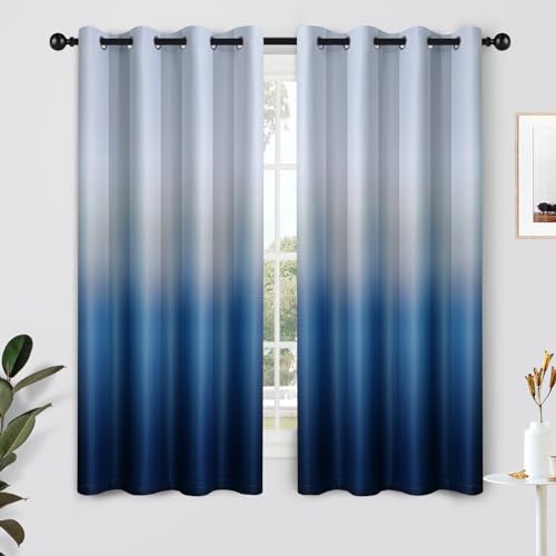 SimpleHome Ombre Curtains 52 x 63 Inch for Bedroom 2 Panels, Gradient Grey White to Blue Blackout Light Blocking Thermal Insulated Grommet Room Darkening Window Curtain/Drapes for Living Room