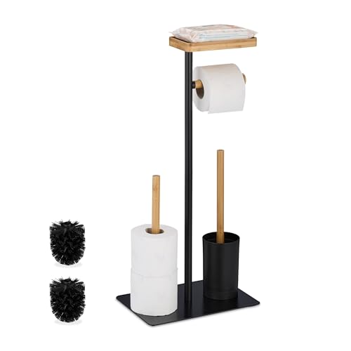 Relaxdays WC Set, Bamboo, Stainless Steel, Free-standing, incl. 2 Spare Heads, Toilet Roll & Brush Holder, Black/Natural