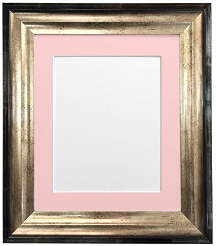 "FRAMES BY POST Firenza Antique Distressed Black and Gold Picture Photo Frame Plastic Glass with Pink Mount 30x30 cm Picture Size 8""x8"""