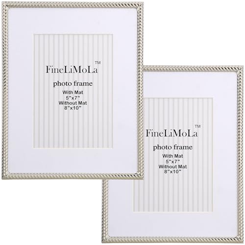 Silver 8x10'' Rope Design Metal Picture Frames 2 Pack with Acid Free Mat for 5x7'',Silver Photo Frame 7x5'',Hi Quality Velvet Backing and Real Glass Front.for Desktop Display Or Wall Hanging