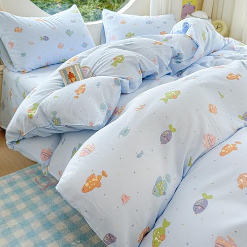 HighBuy Blue Fish Print Linen Cotton Duvet Cover King,3 Piece Ocean Fish Printing Muslin Cotton Bedding Set Shabby Chic,1 Duvet Cover 2 Pillowcases (Natural Linen, Queen)