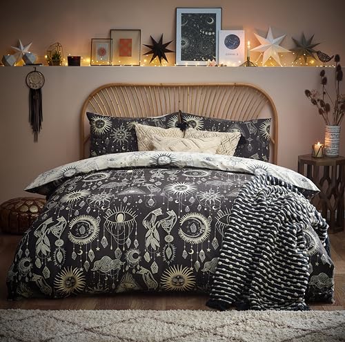 furn. Constellation Duvet Cover Set – Celestial Galaxy Print with Stars & Moons, Reversible Polycotton Bedding (Charcoal/Cream – Double)