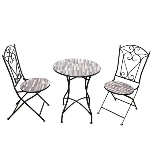 Mosaic Bistro Set 3 Pieces - 2 Folding Chairs and Round Table 60cm Cascade Metal Outdoor Garden Furniture Set for Balcony, Terrace, Porch, Outdoor Dining