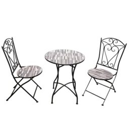 Mosaic Bistro Set 3 Pieces - 2 Folding Chairs and Round Table 60cm Cascade Metal Outdoor Garden Furniture Set for Balcony, Terrace, Porch, Outdoor Dining