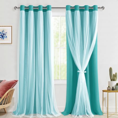 Hiasan Mix&Match Blackout Curtains with Sheer Overlay, Double Layer Thermal Insulated Privacy Grommet Window Curtains for Girls Bedroom,Living Room,2 Drape Panels with Tiebacks,Peacock Teal,52W X 96L