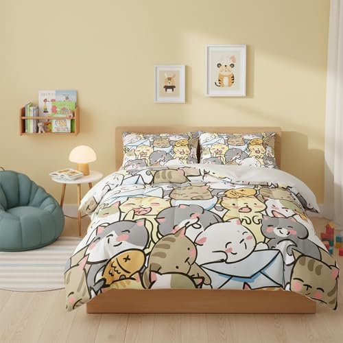 QOOMO Kawaii Cat Comforter Queen Size,Cute Cat Comforter Set for Kids Teens Girls,3Pcs Bedding Set Printed Comforter with 2 Pillowcases,Down Alternative,Soft and Lightweight???Queen Size