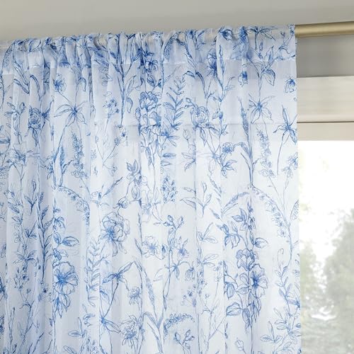 "No. 918 Ambree Vintage Floral Sheer Rod Pocket Curtain Panel, 51"" x 63"", Chinoiserie Blue"