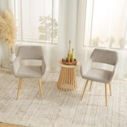 MEUBLE COSY Dining Chairs Set of 2, Upholstered Chairs with Armrests, Beige - Armchair with Backrest, Metal Legs, Soft Cushion Seat, for Kitchen Living Room Bedroom Lounge Office Dressing Room