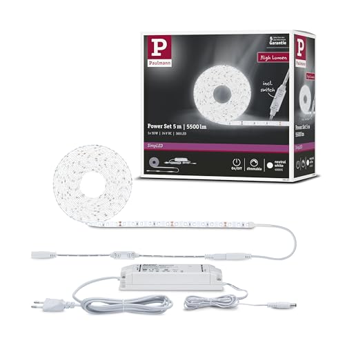 Paulmann 78960 LED Strip SimpLED Power 5m with Cord dimmer 1100lm/m incl. 1x50 watt IP44 dimmable Lighting Strip White Plastic LED Strip 4000 K