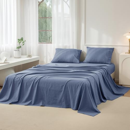 JIYUAN 100% Washed Cotton Sheet Set 3 Pieces Twin,1 Fitted Sheet,1 Flat Sheet and 1 Pillowcase, Comfy and Breathable Linen Like Bedding Set,Heathered Blue
