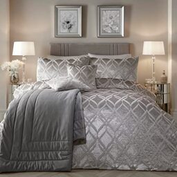 SOIREE Silver Ogee Velvet Duvet Cover – King Size (230x220cm) – Luxury Jacquard Bedding Set – 2 Pillowcases – Soft & Glamorous Bedroom Decor