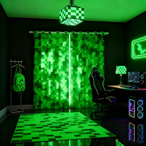 Green Pixelated Miners Gamer Curtains,Video Games Window Curtain,Kids Boys Girls Teens Room Decor,Cartoon Gamepad Window Treatment Curtain Modern Geometric Check Window Drapes,2 Panels,42Wx84L