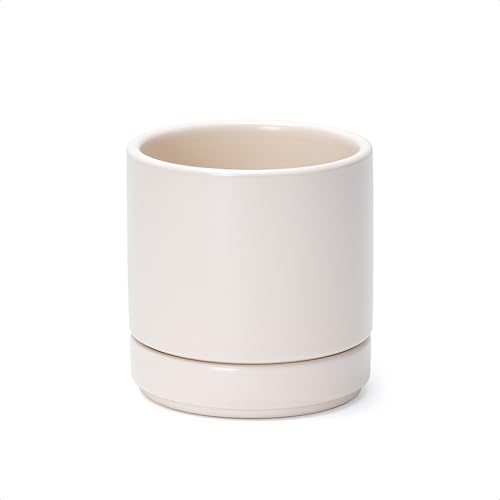 D'vine Dev 4.7 Inch Ceramic Planter Pot, Oatmeal, 94-O-B-8 - Modern Cylinder Design, Drainage Hole & Saucer Included, Stable Structure, Elegant Home Accent
