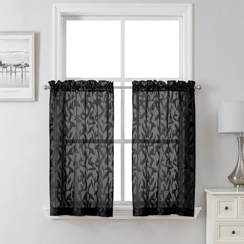 "Lecloud Leia Black Sheer Kitchen Curtains 36 Inch Length 2 Panels, Jacquard Leaf Textured Voile Short Curtains, Dual Rod Pocket Semi Sheer Tiers for Bathroom Bedroom Living Room, 30"" W x 36"" L"