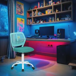 FurnitureR Compact Kids Gaming Chair, Hollow PP Backrest, Adjustable Height, Ergonomic Swivel Sponge Seat, 5-Wheel Iron Base, for Teens & Childrens Drawing, Gaming, Classroom, Turquoise, 38.5x40x87 cm
