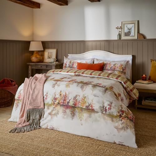 Voyage Maison Wilderness Duvet Cover Set – Woodland Forest Stag Reversible 100% Tumbled Cotton Bedding (Plum - Super King)