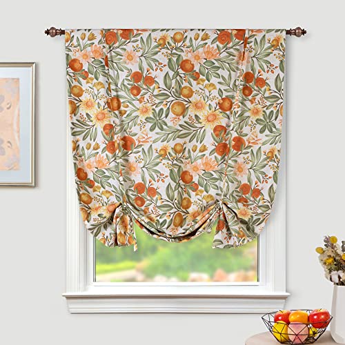 DriftAway Orange Floral Linen Blend Blackout Tie Up Curtain for Kitchen Botanical Printed Thermal Insulated Tie Up Shade for Bedroom Adjustable Balloon Rod Pocket 45 Inch by 63 Inch Orange Coral Gold
