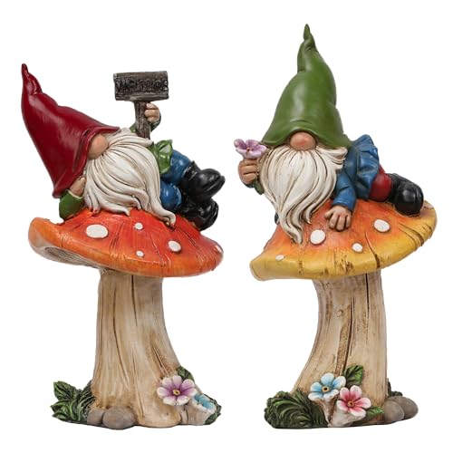 TERESA'S COLLECTIONS Garden Gnomes on Mushroom, Set of 2 Cute Resin Gnome Statues for Yard, Outdoor Patio Porch Lawn, for Dad Mom Birthday, Outside Decor Housewarming Gifts